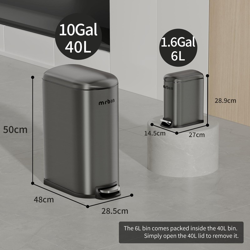 MRBIN 1.6 + 10.6 Gallon Stainless Steel Trash Can Combo