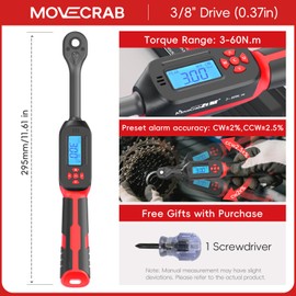 MOVECRAB 3/8" Digital Torque Wrench 3-60 N.m (2-44 Ft.lb) with LED Display and Four Units of Measure, ±2% Torque Accuracy, Precision Torque Wrench, USB Data Storage & Triple Reminder, Red
