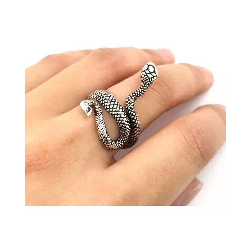 Dtup Elegante Anillo Serpiente Vivora Negra Plata