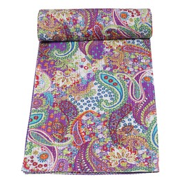 Marubhumi Indian Handmade Paisley Print Cotton Kantha Quilt (Purple, Queen (90"x 108"))
