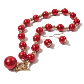 XAM 2PCS/set Large Simulated Pearl Necklace and Stud Earring for Women Brides Chunky Pearl Retro Costume Necklace Set Statement Wedding Jewelry 1920s Costume Jewelry Set-Red