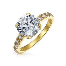 Personalize 4CTW AAA CZ Round Brilliant Solitaire Engagement Ring For Women .925 Sterling Silver Yellow Gold Plated Cubic Zirconia Pave Side Stone 2MM Band Customizable