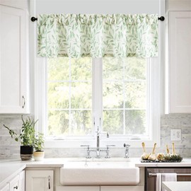 VOGOL Linen Textured Kitchen Curtains Valance, Country Style Leaf Pattern Window Treatments Home Decor, Small Rod Pocket Curtain Panels for Bay Windows, 1 Pack, 60x14