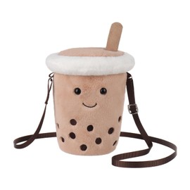 Apricot Lamb Boba Tea Shaped Crossbody Plush Purse for Toddlers and Teen Girls, Stuffed Animal Shoulder Bag, Kids Fashion Handbags, 7.1 Inches