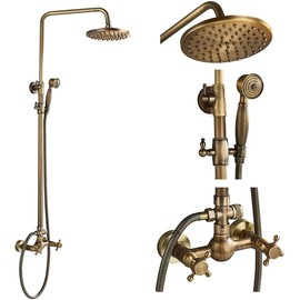 NeierThodore Antique Brass Bathroom Shower Faucet System Set 8 Inch Rainfall Shower Head Handheld Spray 2 Knobs Mixing