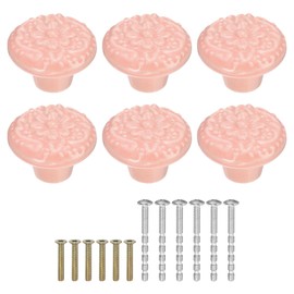 sourcing map 6Pcs Ceramic Knobs, 34mm/1.34" Flower Pattern Mushroom Knob Drawer Pull Handle Vintage Wardrobe Knobs with Screws for Vanity Bedroom Furniture Closet, Pink