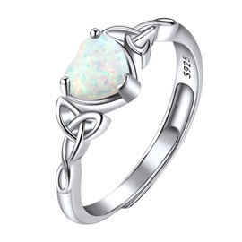 Suplight 925 Sterling Silver Adjustable Stackable Simulated Opal Irish Celtic Knot Heart Shape Promise Engagement Rings for Women