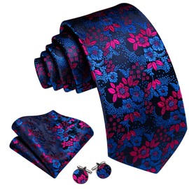 Barry.Wang Blue Red Tie with Flower Lapel Pin for Men Floral Silk Necktie Pocket Square Cufflinks Set Formal Wedding Party Business