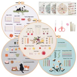 Myfelicity 4 Embroidery Kits for Beginners, 30 Stitches,There are Patterns of Flowers, Pandas, and Cat， Printed Fabric, Threads, Needles, Hoop, Video Tutorials