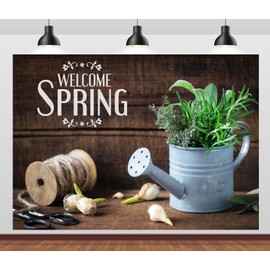 CORFOTO 9x6ft Fabric Welcome Spring Backdrop Springtime Gardening Decor Background Brown Wooden Plank Green Plant Photography Backdrop Spring Theme Background Banner Photo Booth