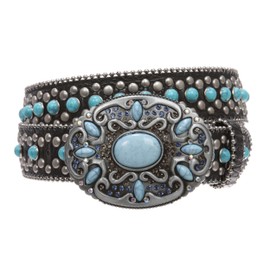 Western Turquoise Rhinestone Studded Faux Crocodile Print Genuine Leather Belt, Black | 30"