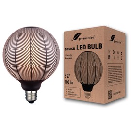 greenandco® Vintage Design LED Lamp Black Patterned (Leaf Motif) Dimmable E27 G125 4W 100lm 1800K Extra Warm White for Mood Lighting Flicker-Free 300° 230 V
