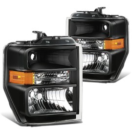 DNA MOTORING Headlamps Headlight Assembly Compatible With Ford E150 E250 08-14 / E350SD E350SD 08-21 / F650 F750 16-21, Pair, with Harness Adapters, Black/Amber, HL-OH-ESD08-BK-AM