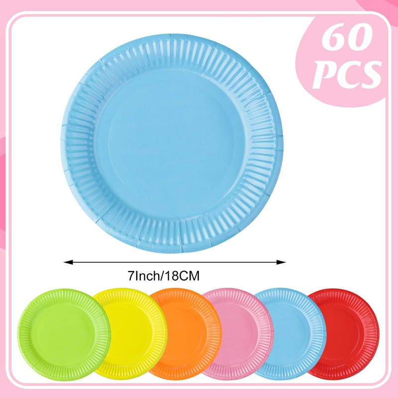 Surflyee 60 Pack Coloured Paper Plates, Birthday Plate, 7 Inch