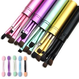 SEILANC Travel Portable Wooden Eye Makeup Brushes, 5 Piece Cylindrical Eyeshadow Brushes and 5 Short handle sponge eyeshadow brush Set (gold)