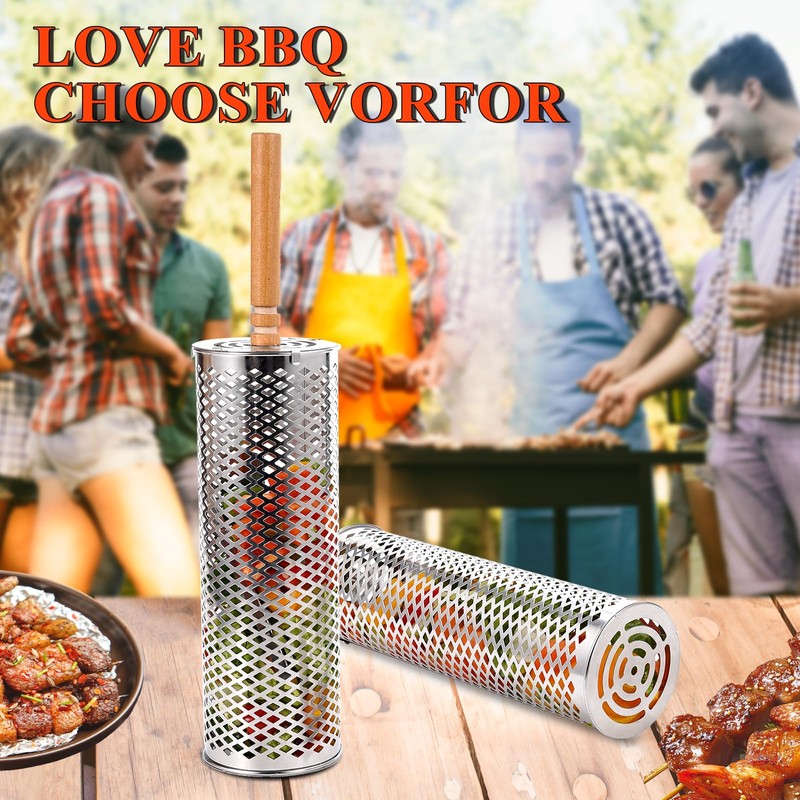 Rolling Grill Baskets(2 PCS),304 Stainless Steel with Removable Wooden Handle,