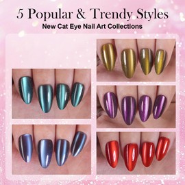 Vansiho 300Pcs Cat Eye Press on Nails, Glossy Glitter Cat Eye Designs Nail Tips for Women, Medium Almond Soft Gel Fake Nails, for Women and Girls Glossy Reusable Nail Tips in 15 Sizes