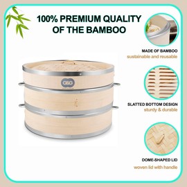 Bamboo Steamer Basket 10 Inch, 2-Tier with Lid – Includes Ceramic Dish, 4 Chopsticks & 2 Silicone Liners – Dumpling Steamer for Cooking, Dim Sum, Vegetables, Bao & More