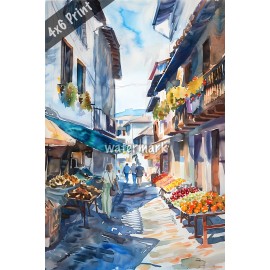 18th-century street with period market watercolor Art 4x6 Print