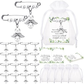 Hicarer 30 Set Funeral Favors, Celebration Life Favors Angel Pearl Pins Organza Bags Sympathy Thank You Tags for Memorial Party Supplies Guest Return Funeral Supplies (White,Green)