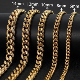 WXP 18K Gold Plated Curb Cuban Link Chain Necklace or Bracelet for Men Women 6/8/10/12/14/18mm Heavy Duty Stainless Steel Gold Chain Jewelry (10mm,24inch)