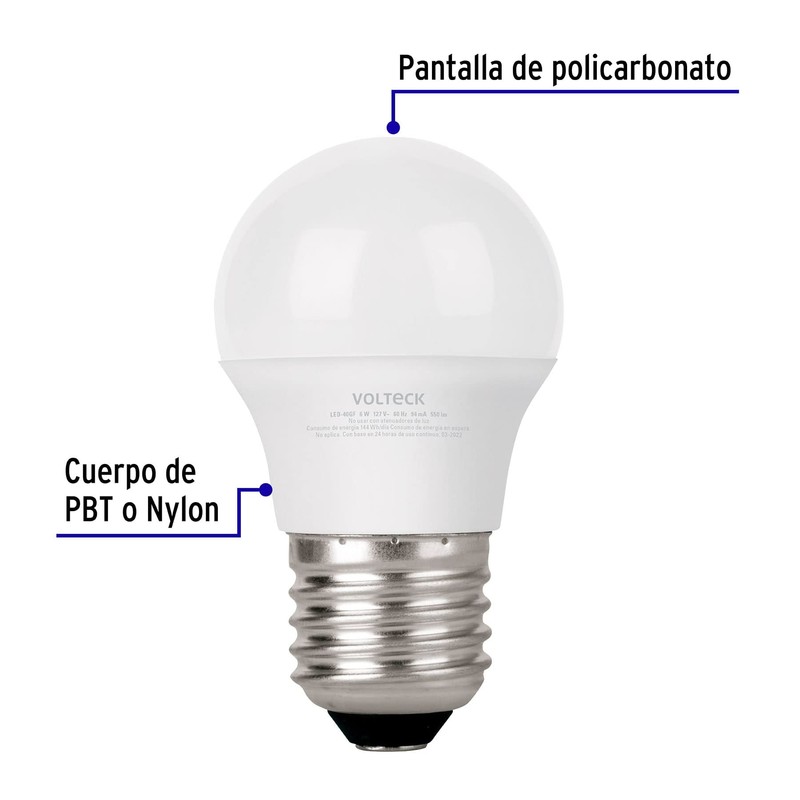 Volteck LED-40GF, Lámpara de LED, G45, 6 W, luz de