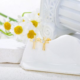 SISGEM 14k Gold Created Moissanite Cross Stud Earrings for Women, Real 14 kt Gold Religious Earrings Comfirmation Jewelry Gifts for Her