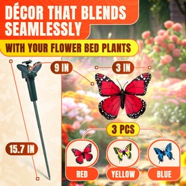 3 Pcs Fluttering Solar Butterfly Garden Stakes - Waterproof Flying Butterflies for Centerpieces with Alternative Energy Source, Easy-to-Use - Solar Garden Decorations for Yard (Battery NOT Included)