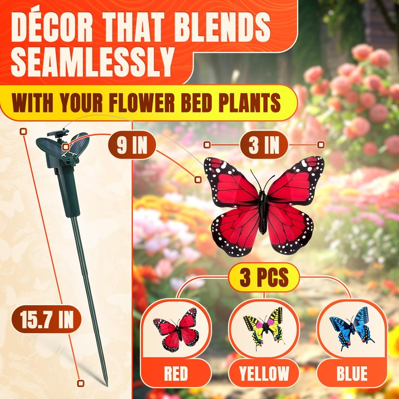 3 Pcs Fluttering Solar Butterfly Garden Stakes - Waterproof Flying