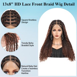 Olymei 13x8 Hd Lace Knotless Braided Wigs for Black Women 18" Boho Braided Wig Full Lace Short Box Braid Wig Premium Synthetic Braided Lace Front Wig Brown