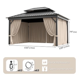 10'X13' Gazebo Curtains Outdoor Waterproof with Hanging Rings, 4-Panel Double Zipper Sidewalls Universal Replacement Privacy Curtain, Outdoor Gazebo Curtains for Patio, Backyard(Curtains Only)