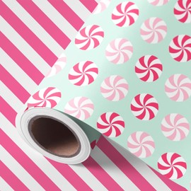 JarThenaAMCS Christmas Candy Wrapping Paper - Mini Roll - 17 In x 32.8 Ft Pink Green Peppermint Stripe Gift Wrap Paper for DIY Crafts Xmas Birthday Holiday Party, Double-Sided