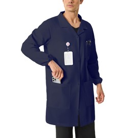 Wellhin Men's Navy Blue Lab Coats Snap Closure 4 Pockets Elastic Cuffs Professional Medicas Long Sleeve Labcoats Scientist College M