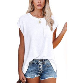 CNFUFEN Womens Tops Short Sleeve Casual Clothes Solid Color Shirts for Women 2024 Ladies Tops Short Sleeve with Pockets Summer Teacher Shirts White S