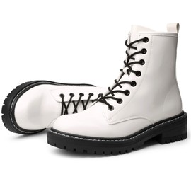 ICHIGO Women’s Fashion Ankle Booties Causal 8-Eye Side Zipper Lace-up Combat Boots(White 5.5)