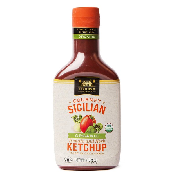Traina Home Grown Gourmet Sicilian Organic Tomato And Herb Ketchup - Certified Organic, No Corn Syrup, Non GMO, 16 oz bottle