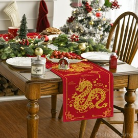 Artoid Mode Chinese Zodiac Dragon 2025 Happy New Year Table Runner, Spring Festival Winter Kitchen Dining Table Decoration for Home Party 13x60 Inch