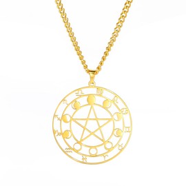 AB Viking Crafts Stainless Steel Pentagram Pendant in Circle Moon Phases Zodiac Sign Colour Silver with Chain in Jewellery Box Truth Wicca Magic Paganism, Stainless Steel