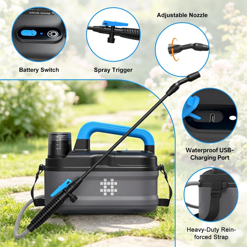 Battery Powered Sprayer 1 Gallon,Rechargeable Electric Pump Sprayer with Adjustable