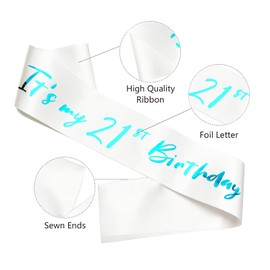 21st Birthday Sash, White Satin Soft Sashes with Blue Foil Letter, Birthday Decorations for Girls Happy 21st Birthday Party Favor Supplies,White Blue