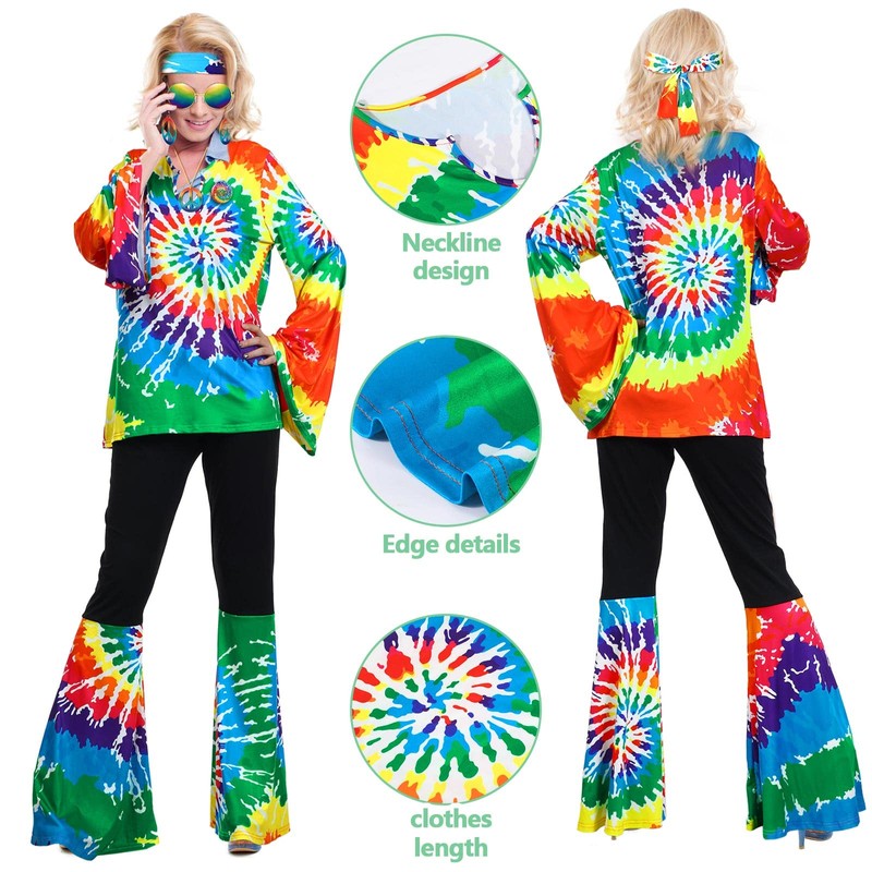 Jiuguva 17pcs 60s 70s Outfits for Women Hippie Costume Set