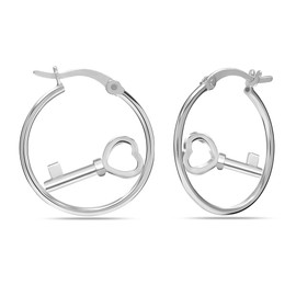 LeCalla 925 Sterling Silver Classic Hoop Earrings Jewelry SMALL Lightweight Inspirational Hoops Earring with Motif of Love Key for Women Teen
