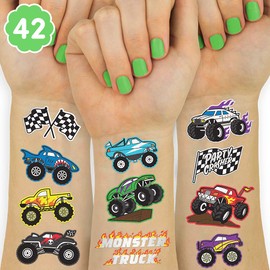 xo, Fetti Monster Truck Party Supplies Tatuajes temporales - 42 estilos metálicos | camiones, coches grandes, líneas de acabado + llamas
