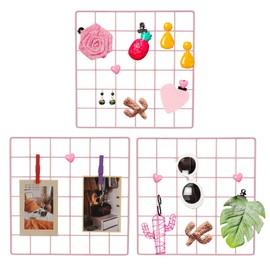 PATIKIL 12x12 in Wall Grid Panel, 3 Pack Wire Grid Panel Shelf Board Metal Gridwall Photo Pictures Display Hanging Organizer Mesh Frame Memo Board for Display DIY Craft Shows Home, Pink
