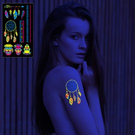 Neon Temporary Tattoos 20 Large Sheets Glitter Styles Flower Mandala Butterfly Feather Glow In The Dark UV Neon Tattoos Stickers Body Face Fake Waterproof Tattoos for Adults Kids Party Decoration