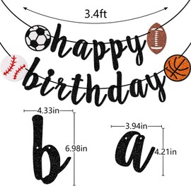 Banner deportivo de feliz cumpleaños, bandera deportiva de cumpleaños con purpurina, fútbol, béisbol, fútbol, baloncesto, decoración de cumpleaños con temática multideportiva (negro)