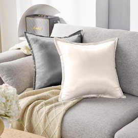 Seiwohl Satin Cushion Cover 40 x 40 cm, Set of 2, Soft as Silk Pillowcase Silk Pillowcase, Vegan Silk Pillowcase Cushion Cover Silk Pillow for Hair and Skin with Hair Elastics, Beige Grey