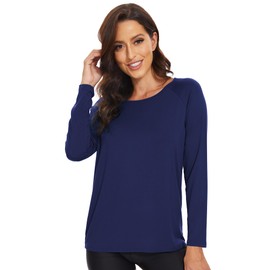 WiWi Women's Viscose from Bamboo Pajama Tops Soft Scoop Neck Sleep Shirt Loose Long Sleeves T-Shirt Loungewear S-XXL, Navy, XX-Large