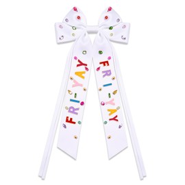 Vokone Teacher Hair Bows for Women Teacher Friyay Hair Bow Clips Jeweled Satin Ribbon Bow Barrette Hair Clip Back to School Accessories Teacher Appreciation Gifts Friyay White