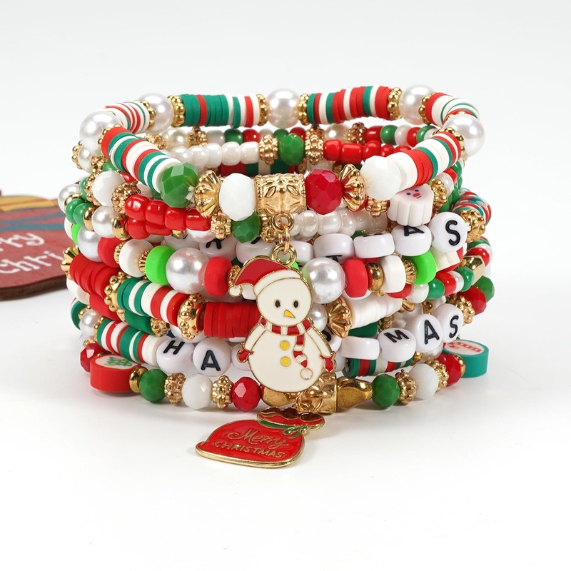 Twinfree 12pcs Christmas Bracelets Women Clay Bead Bracelet Xmas Decorations